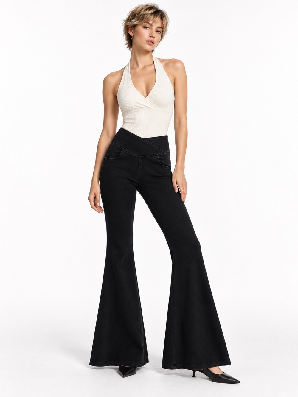 Halara Flex High Waisted Crossover Pocket Washed Super Flare Jeans Black Size S